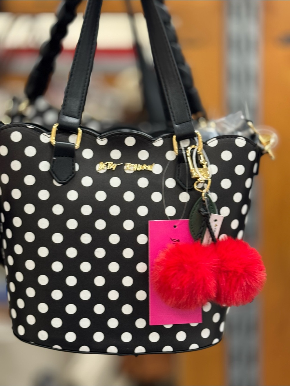 Betsey Johnson Black and White Polka Dot Tote with Red Pom Pom Charm